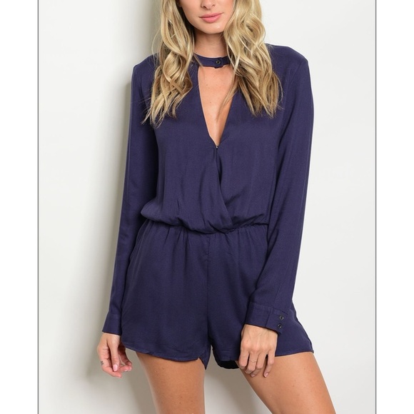 NWT Sexy Navy Long Sleeve V-neck Romper - Picture 1 of 2